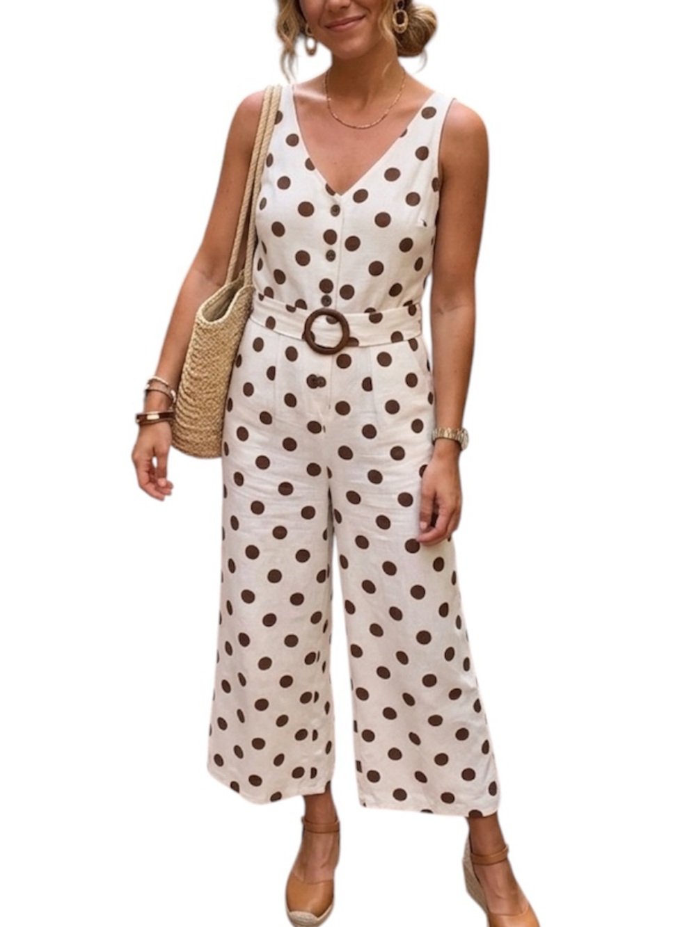 Monteau Polka Dot Linen Blend Wide Leg Jumpsuit Belted Brown Cream S